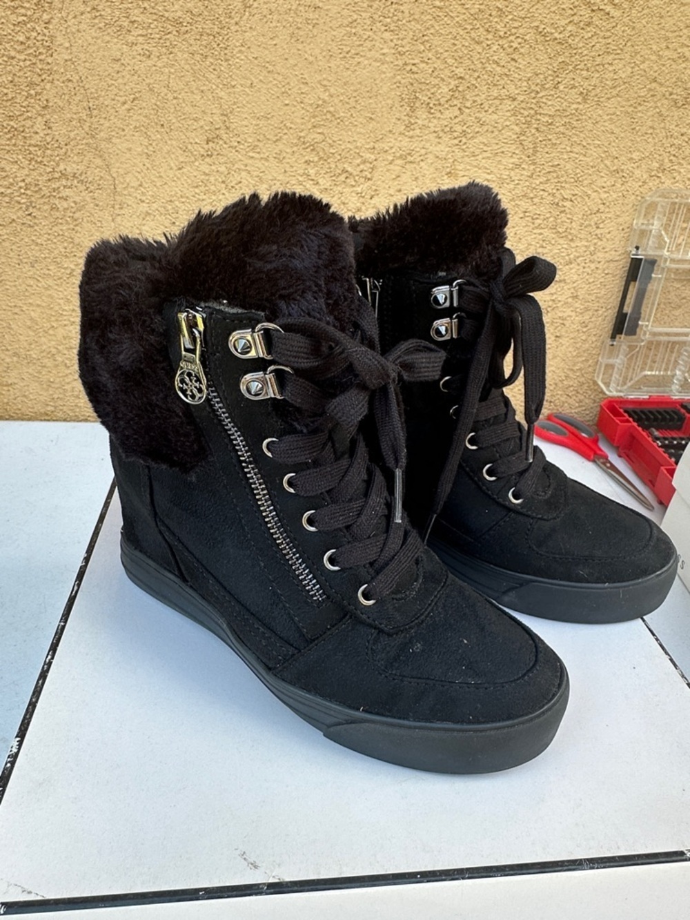 GUESS Black Fur-Trim Lace-Up Wedge Boots SZ 6.5